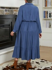 EMERY ROSE 大码女式纯色长袖单排扣荷叶边下摆休闲衬衫裙，秋冬女装，大码秋装 - 藍色 - 查看 2