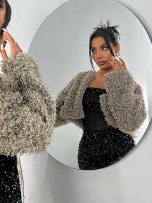 SHEIN SXY 新年优雅性感夜店必备情人节休闲棕色短长袖保暖卷毛仿皮草外套 - 紅白色 - 查看 6