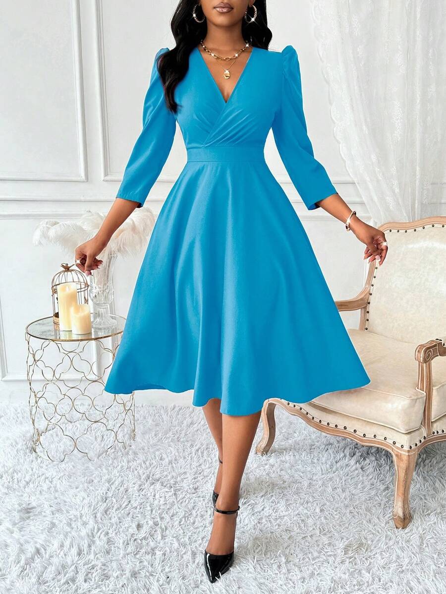 Lunelith SHEIN Lunessa V 领高腰 3/4 袖 A 字形女式连衣裙 女式长款服装 - 藍色 - 查看 1