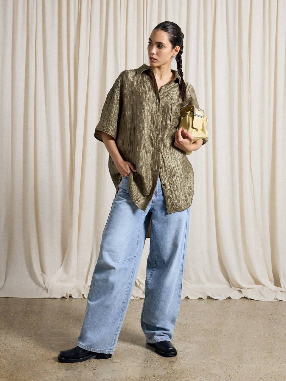 AiiRZ Metallic Shimmer Oversized Button Down Shirt St Patricks Day Lucky Charm Irish Holiday Party Collared Blouse With Chest Pocket Elegant Evening Festive Wear