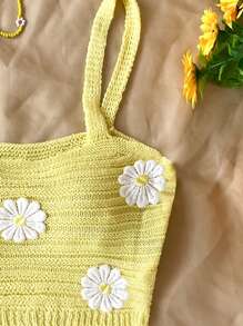 Áo len móc màu vàng đính hoa trang trí WYWH dành cho nữ và quần short trắng có dây rút màu vàng, Bộ trang phục đi nghỉ mùa thu/đông - Nhiều màu - Xem 3