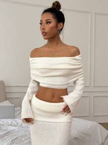 SHEIN Unity 2pcs Women Solid Color Off-Shoulder Tight Knit Sweater And Maxi Skirt Set, Spring/Fall - White - View 6