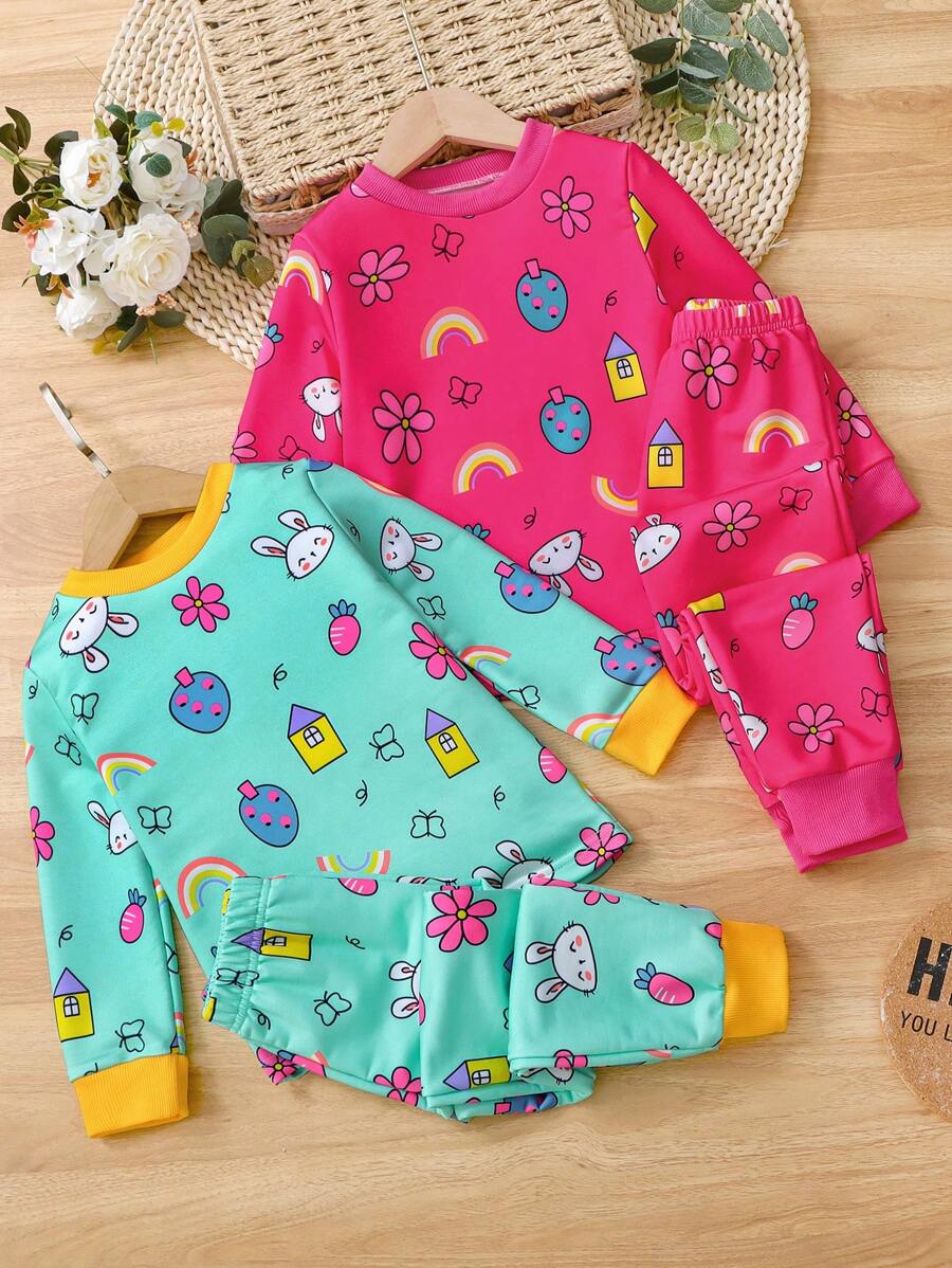 4 件套年轻女孩卡通兔子和花卉印花舒适圆领长袖运动衫 + 慢跑裤套装，儿童休闲甜美风格服装，春秋
