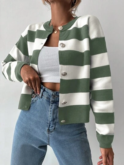 EURMUSE Women Striped Long Sleeve Single-Breasted Loose Casual Cardigan, Autumn/Winter