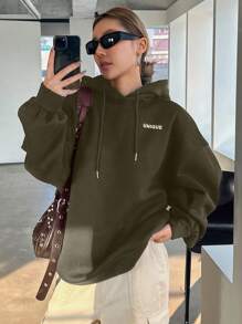 女士标语印花落肩休闲长款连帽运动衫 - 綠色 - 查看 5