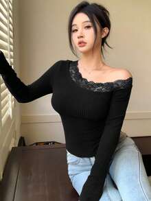 DAZY Áo thun nữ dài tay thêu ren mới thu đông thường ngày - màu đen - Xem 5