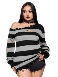 ROMWE Grunge Punk Plus Size Long Ripped Red & Black Striped Pullover Sweater - Multicolor - View 4