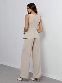 SHEIN Tall Women's Solid Color Round Neck Single-Breasted Vest And Pants Elegant Commuter Suit, Summer Fall Women Clothes Women Set Office Wear Business Casual Women Two Pieces Outfits Fall Women Office Wear Women Set Women Blazers Set - Apricot - View 2
