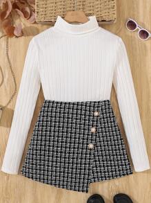 SHEIN 少女 2 件/套 优雅复古通勤/白色针织高领打底修身长袖 T 恤和粗花呢裹身纽扣前裙裤 - 黑與白 - 查看 1