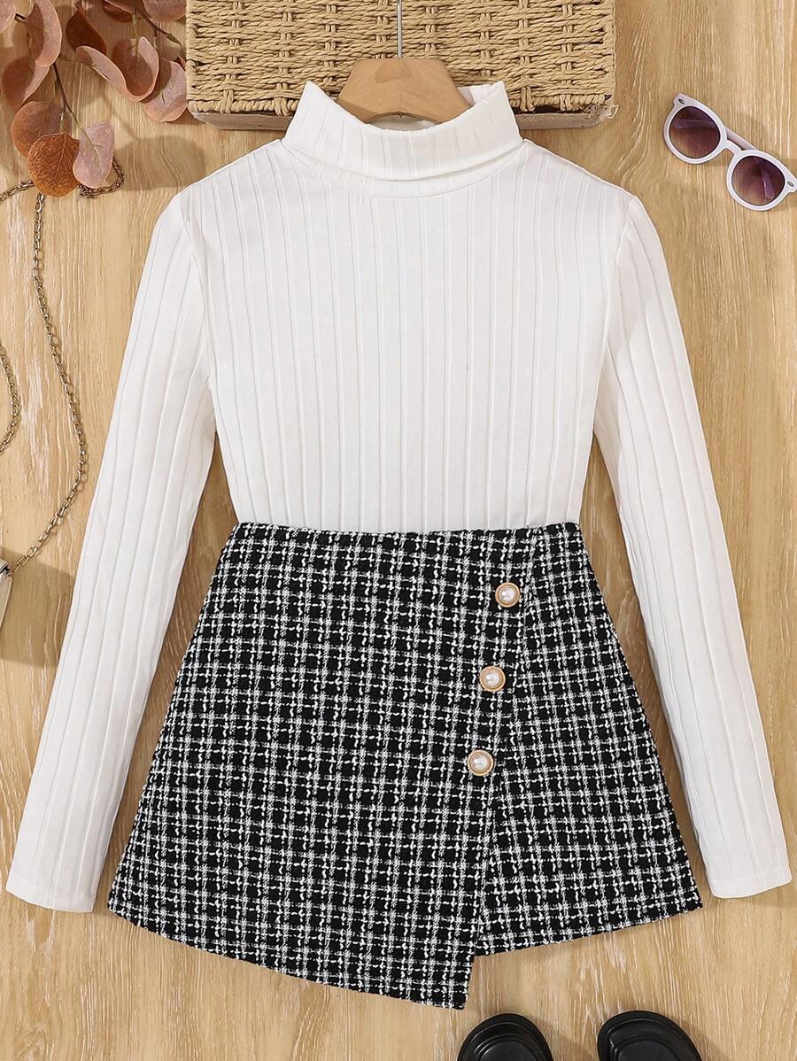 SHEIN 少女 2 件/套 优雅复古通勤/白色针织高领打底修身长袖 T 恤和粗花呢裹身纽扣前裙裤 - 黑與白 - 查看 1