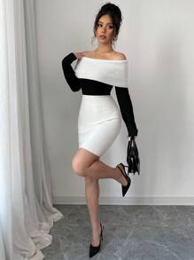 Chiquease 2024 Autumn/Winter Fashion Off-Shoulder Black And White Splice Fitted Knit Dress