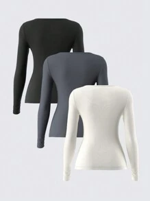 SHEIN BASICS 3pcs/Set Women's Casual Plain Knit Long Sleeve Fitted Crew Neck Half-Open Front T-Shirt