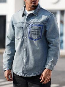 Manfinity Homme Plus Size Men's Casual Denim Shirt With Slogan Print, Long Sleeve Pocket Design, Autumn - Blue - View 3