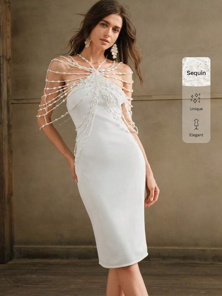 1pc Women's Elegant Asymmetrical Beaded Midi Bodycon Dress