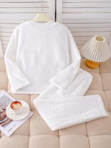 SHEIN Girls Casual Comfortable 2pcs Set, White Minimalist Cute Bear & English Letter Embroidered Fleece Long Pants And Long Sleeve Top, Warm For Homewear - Multicolor - View 2