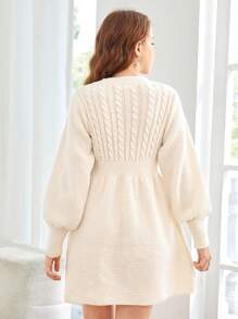 SHEIN 青少年女孩圆领针织纹理泡泡袖腰部褶皱 A 字休闲优雅连衣裙 - 杏色 - 查看 2