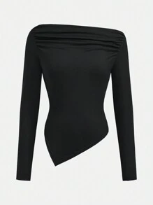 Girlism 3 件套青少年女孩不对称褶皱优雅露肩长袖多色 T 恤