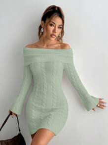 SHEIN Unity Off Shoulder Long Sleeve Twist Pattern Fitted Knit Dress - Green - View 4