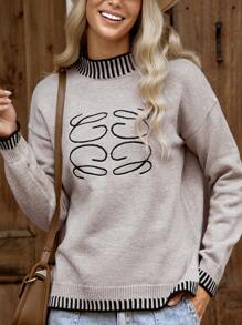 LanaWest 撞色滚边刺绣立领休闲百搭长袖针织套头衫，秋冬款 - 卡其色 - 查看 4