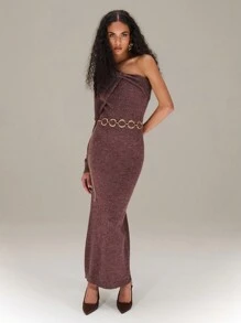 SHEIN Unity Twist Front Asymmetrical Long Sleeve Knitted Dress New Year Fall Cloth For Women - Brown - View 1