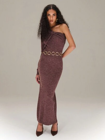 SHEIN Unity Twist Front Asymmetrical Long Sleeve Knitted Dress New Year Fall Cloth For Women