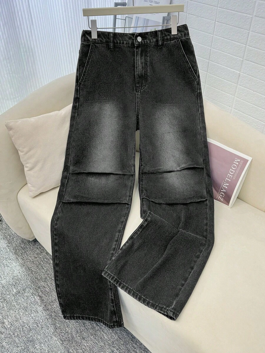 SHEIN 青少年男孩时尚休闲设计黑色阔腿牛仔裤，适合日常穿着男孩冬装服装和秋冬青少年男孩服装 - 黑色 - 查看 1