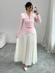 Elenzga Set de 2 piezas para mujer con blusa con bloques de color contrastantes y decoración de botones, y falda plisada de color liso - Rosa - Ver 5