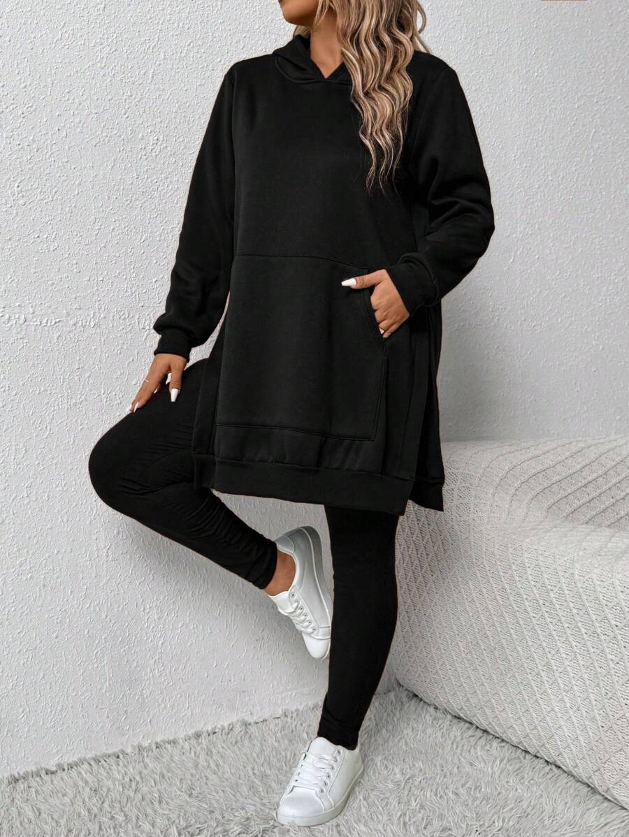 2 pièces/le set Grande taille Tenue décontractée quotidienne avec sweat-shirt à capuche ample et fente devant, et pantalon. Automne - Noir - Voir 1