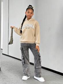 SHEIN Áo nỉ dài tay lót nhiệt phong cách đường phố cho bé gái tuổi teen - Màu Khaki - Xem 4