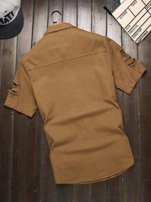 Manfinity Homme Camisa vaquera casual desgastada para hombre con bolsillos de solapa, sencilla y elegante - Marrón - Ver 2