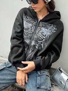 INAWLY 女士秋冬新款宽松休闲复古印花拉链连帽衫运动衫 - 黑色 - 查看 4