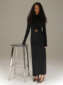 SHEIN Unity High Neck Open Back Long Sleeve Dress With Waist Panel Belted Detail New Year