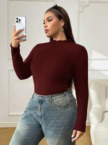 SHEIN EZwear Blusa casual de talla grande para Día de San Valentín, de color liso, de manga larga, con volantes