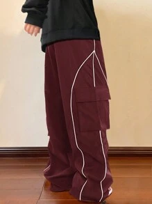 Claim Dot Loose Fit Men's Letter Patched Detail Contrast Piping Flap Pocket Side Cargo Pants - Burgundy - View 2