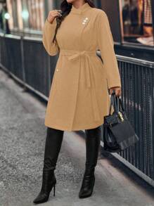 SHEIN Clasi Plus Size Solid Color Front Button Long Sleeve Minimalist Blouse, Casual Daily Wear, For Winter - Khaki - View 6