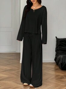 SHEIN EZwear 2 件套女士休闲纯色不对称领长袖上衣和系带长裤套装，秋季 - 黑色 - 查看 4