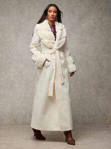 SHEIN BAE Women's Solid Color Fluffy Shawl Collar Long Sleeve Long Elegant Wool Blend Coat, Vintage Coat Winter Fall Women Clothes Halloween Customs Women Concert Outfits Winter Women Clothes Fur Coat Stylish And Warm, Suitable For Parties And Outings  In Fall/Winter