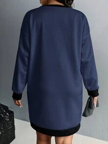 Calvaya Plus Size Women Casual 3D Floral Decor Drop Shoulder Plus Size Sweatshirt Dress - Navy Blue - View 2