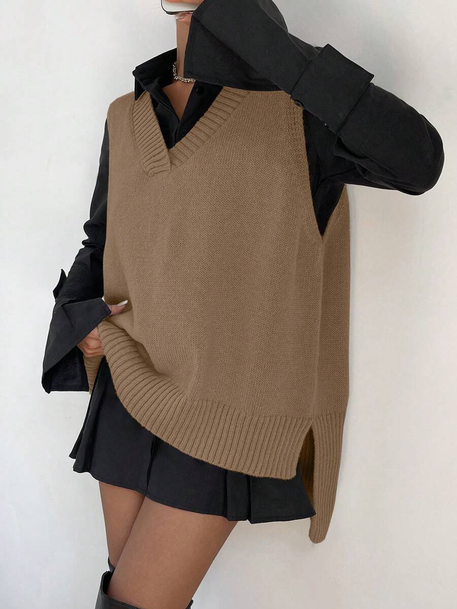 SHEIN PETITE 女士 V 领无袖侧开衩纯色时尚宽松休闲针织套头背心 - 咖啡棕 - 查看 1