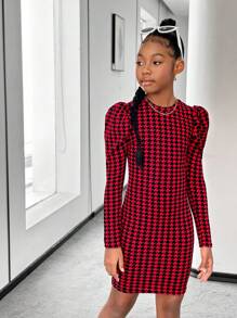 Vestido de manga larga con cuello redondo, de estilo callejero de moda de lana a cuadros para niñas preadolescentes