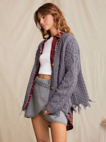 WESTFADE 春季粗针织 V 领长袖正面纽扣做旧长款开衫 - 淺灰紫 - 查看 7