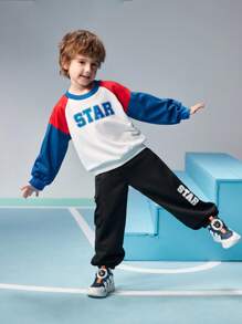SHEIN Young Boys 2pcs/Set White Multicolor Splicing Sports Tracksuit,Autumn School Fashion Campus Street Letter & Ball Print Sweatshirt & Pants Daily Wear - Multicolor - View 5
