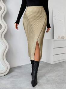 Chiquease Einfarbiger Midikleid-Pulloverrock mit geripptem Strick, Wickelfront und Schlitz-Saum