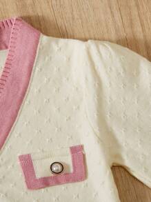 SHEIN Young Girl Autumn/Winter Colorblock Single-Breasted Cardigan & Knit Pants Sweater Set - Apricot - View 3