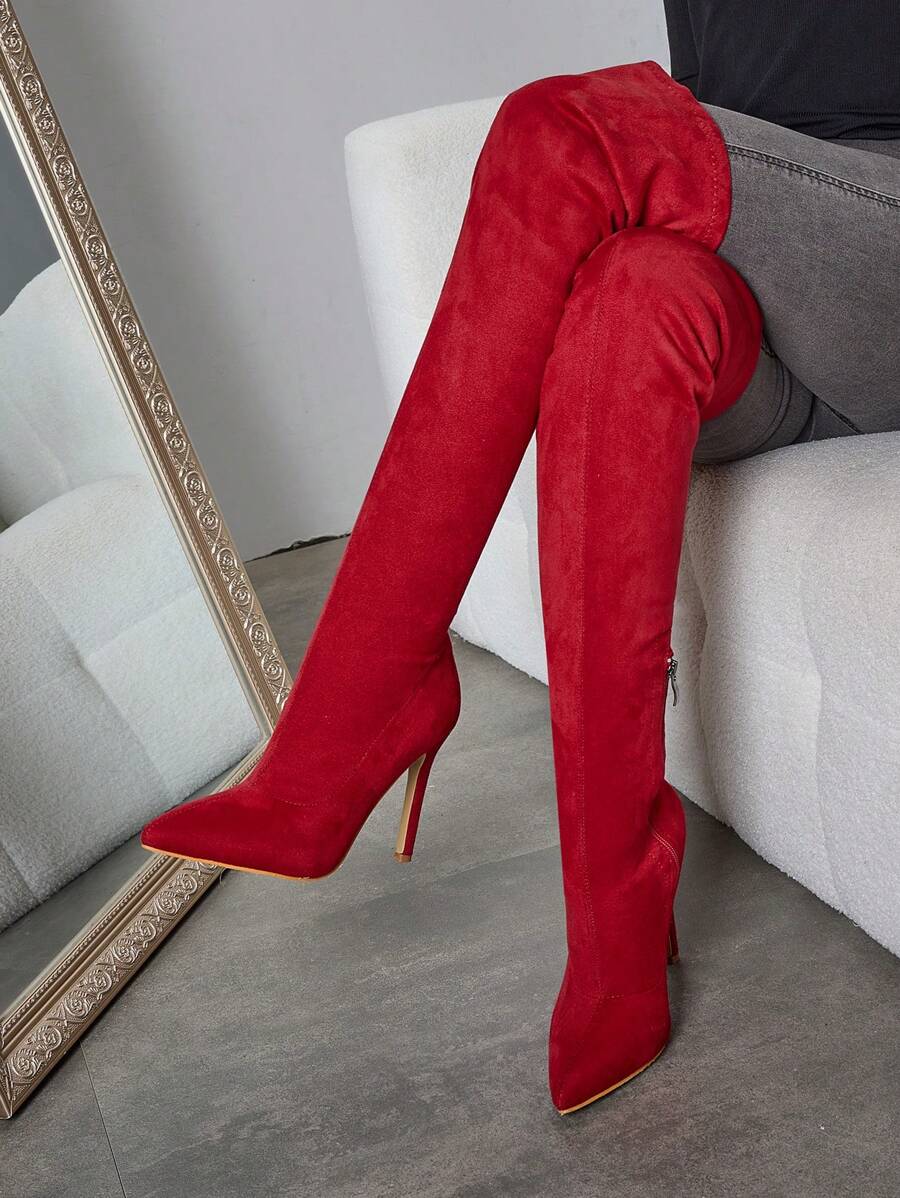 CUCCOO SZL Pointed Toe Slim Heel Thigh High Fashion Boots For Women For Christmas And New Year Holiday Valentines Valentine's Day Spring Shoes - Red - View 1