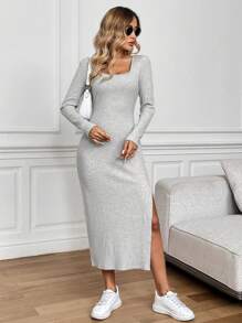 SHEIN LUNE Square Neck High Slit Waist Cinched Casual Commuting Elegant Outgoing Sports Home Comfortable Autumn Winter Warm Lining Women Midi Dress