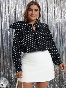 SHEIN Clasi Plus Size Polka Dot Print Tie Neck Long Sleeve Blouse