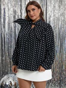 SHEIN Clasi Plus Size Polka Dot Print Tie Neck Long Sleeve Blouse