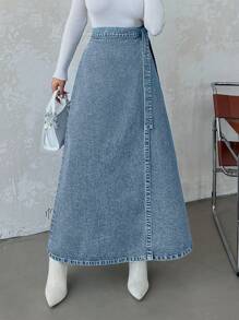 EURMUSE Women's Tie-Front Simple Denim Mini Skirt For Casual Everyday Wear - Medium Wash - View 5