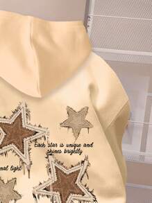 SHEIN Leap Crew 青少年女孩休闲简约五角星图案长袖宽松连帽卫衣，适合秋冬季穿着